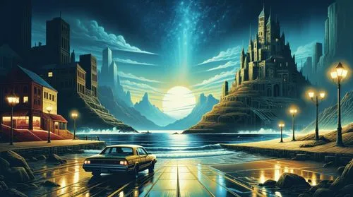 an illustration of two cars on a rainy night,sci fiction illustration,bioshock,futuristic landscape,fantasy picture,night scene,polara,Illustration,Realistic Fantasy,Realistic Fantasy 25