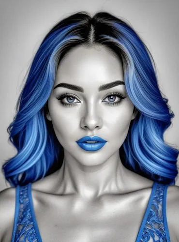 La même avec des couleurs bleues,a drawing of a beautiful blue hair lady wearing ,thirlwall,derivable,mystique,hadise,vrih,spearritt