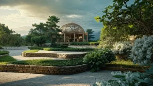 a gazebo surrounded by a bunch of trees,hala sultan tekke,mehdiabad,quasr al-kharana,the old botanical garden,khasavyurt,khorramshahr,hazratbal,botanical garden,bahai,tarkhan,monastery garden,dushanbe