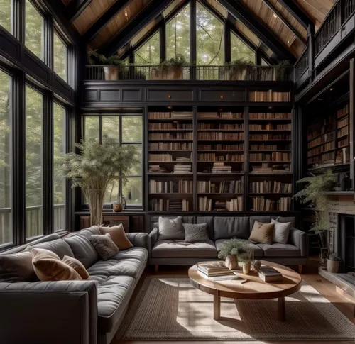 bookshelves,reading room,bookcase,book wall,living room,livingroom,wooden beams,interior design,loft,great room,bookshelf,interiors,sitting room,beautiful home,wooden windows,family room,interior mode