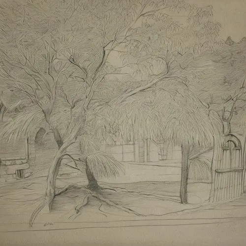 there is a drawing of an old wooden cabin,silverpoint,walnut trees,churchyard,churchyards,rosewood tree,forest cemetery,Design Sketch,Design Sketch,Pencil