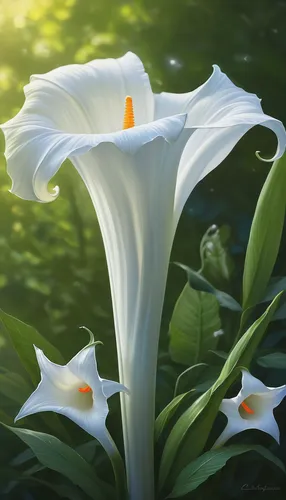 Describe the delicate beauty of a white trumpet flower in a peaceful garden.,madonna lily,easter lilies,white trumpet lily,giant white arum lily,white lily,lilium candidum,peace lilies,lily flower,pea