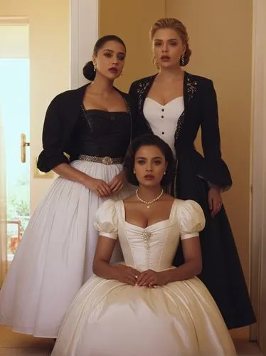 Grace Kelly, Aishwarya Rai and Scarlett Johansson in the Country.,the four women in dresses are standing side by side,maidservants,maids,coven,stepsisters,begums,cholas,Photography,Black and white pho