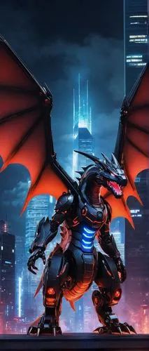 Mechanical Charizard, robotic wings, glowing red eyes, metal scales, futuristic armor, neon lights, cityscape background, skyscraper, night scene, 3/4 composition, low-angle shot, dramatic lighting, f