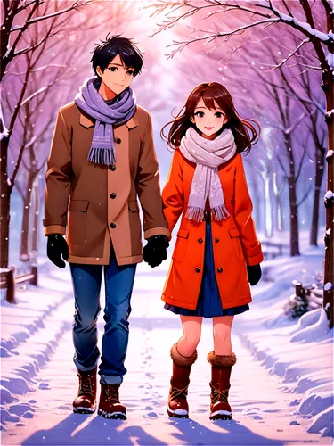 Winter scenery, snowy landscape, Christmas atmosphere, gentle snowfall, snowflakes on eyelashes, soft focus, warm lighting, romantic mood, couple holding hands, walking in snow, fur-lined coat, scarf,