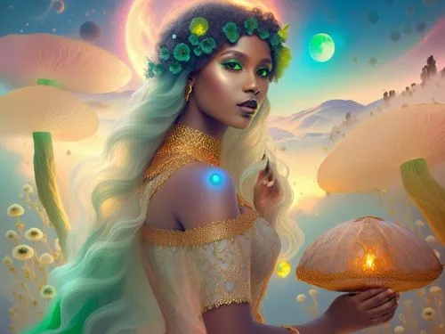 nude Beautiful nigerian girl, full dark curly hair, big green almond eyes, full black lips, misty sky,an artwork of a woman holding a piece of gold,oshun,faerie,fantasy portrait,faery,fairie,ostara,el