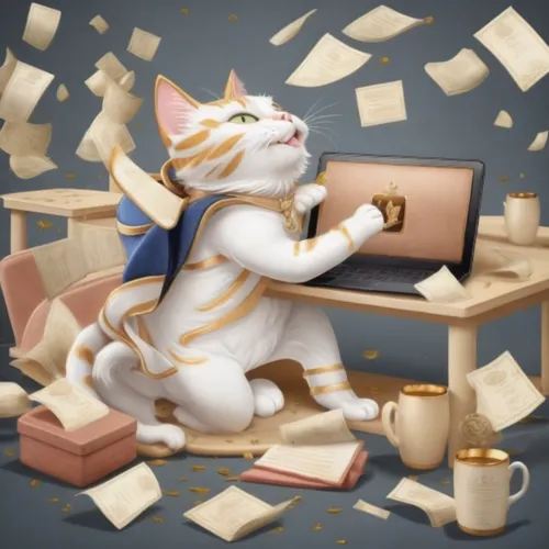 בcat waving good bye,a white cat with gold lettering in front of it and lots of paper flying around,catchallmails,cat drinking tea,tea party cat,cat coffee,cat vector,cat's cafe