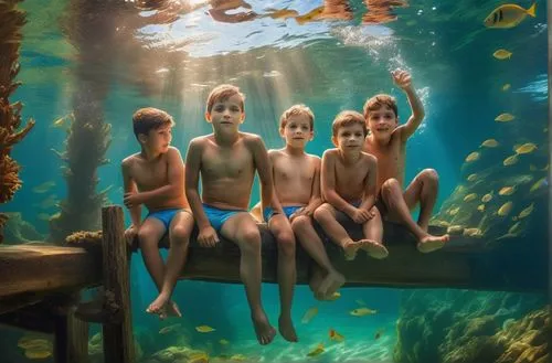 Boys playing in a bridge,underwater playground,underwater background,acquarium,aquariums,aquarium,under water,underwater world,doctor fish,hawaii doctor fish,photo session in the aquatic studio,young 