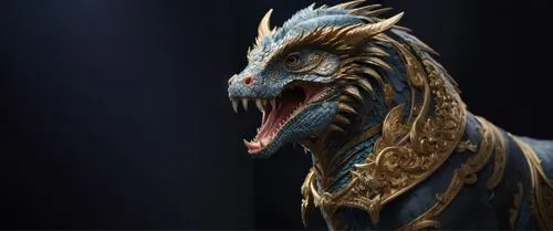 пусто,a dragon statue with large, ornate gold and blue feathers,lorian,dragao,jaggi,brisingr,saphira,gopendra