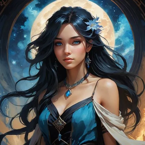 fantasy portrait,selene,zodiac sign libra,diana,seregil,fantasy art,morgana,blue moon rose,luna,kahlan,blue enchantress,sorceress,sorceror,fantasy picture,mystical portrait of a girl,fantasy woman,katara,fairy tale character,persephone,faerie,Illustration,Realistic Fantasy,Realistic Fantasy 16