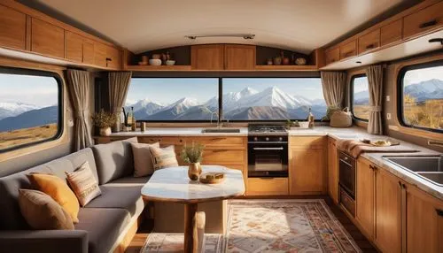 Cozy caravan interior, modern rustic style, wooden cabinetry, soft beige upholstery, plush cushions, warm lighting, golden lamp shades, natural fiber rug, compact kitchenette, marble countertops, stai