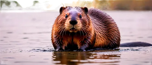 Beaver, free, wild, wet fur, brown eyes, sharp teeth, flat tail, semi-aquatic, natural habitat, morning mist, soft sunlight, 3/4 composition, shallow depth of field, warm color tone, cinematic lightin