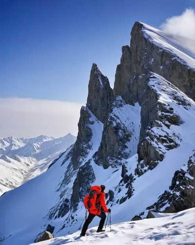 Hiking in the Mountains in Winter | Outdoor Adventure Image,ski mountaineering,ski touring,alpine climbing,cosmiques ridge,slovak tatras,breithorn,alpine dachsbracke,high-altitude mountain tour,alpine