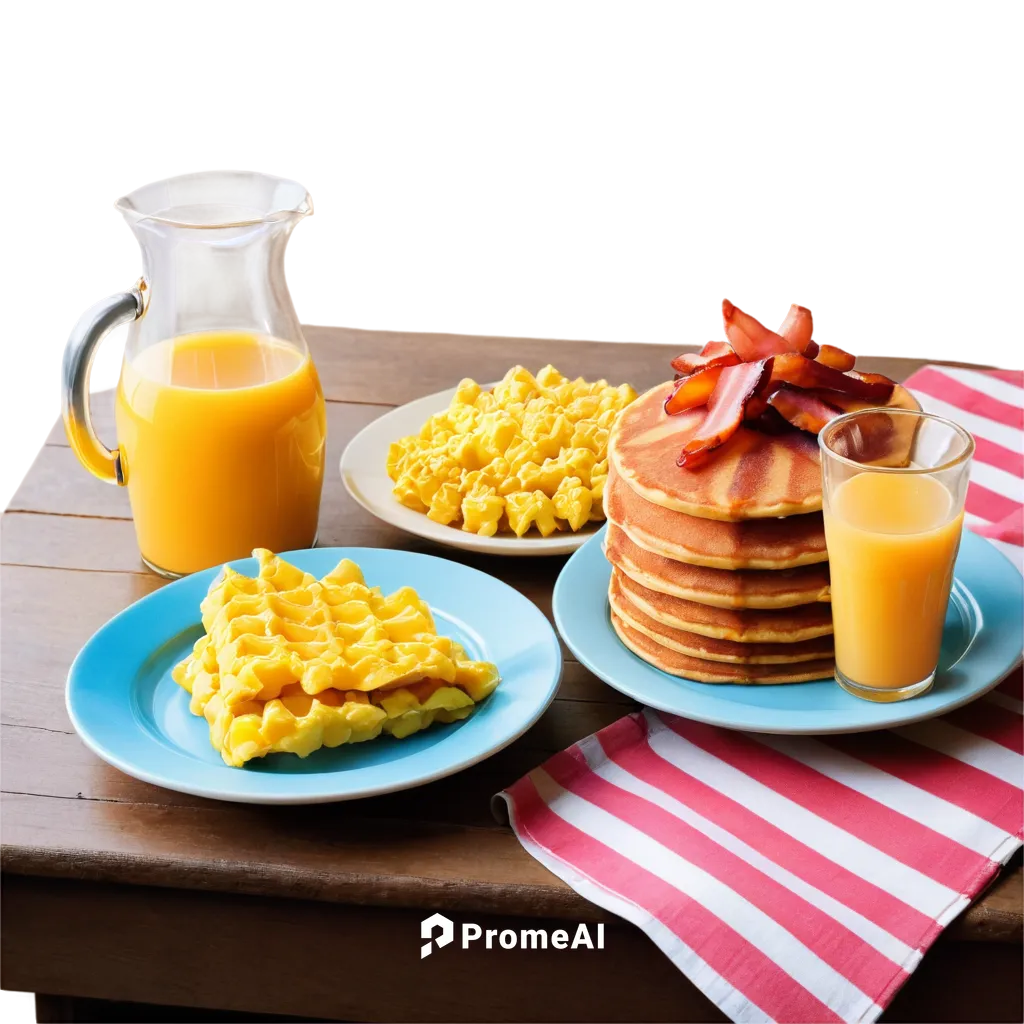 Breakfast food, assorted, colorful, vibrant, morning light, shallow depth of field, warm color tone, cinematic composition, pancakes, waffles, scrambled eggs, bacon strips, fresh fruits, orange juice,