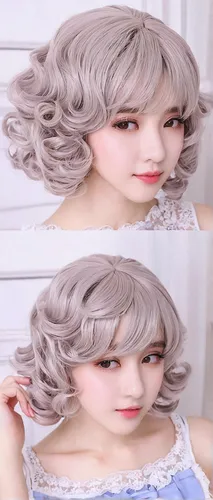 Wig Cap Probeauty Sweety Collection Lolita 40CM Short Curly Women Lolita Anime Cosplay Wig,gray color,poppy seed,realdoll,anime 3d,glacier gray,silver,silvery,3d model,pewter,violet head elf,female do