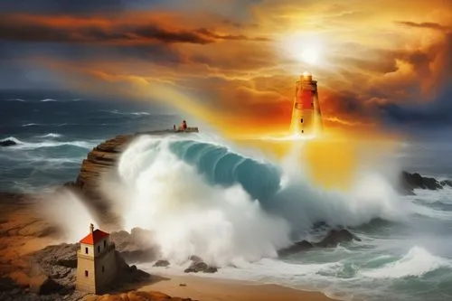 lighthouse on  Shining on a rough rock that is being pounded hard by the raging ocean waves, a big orange sun fighting with storm clouds to shine light from behind the storm clouds,an artistic paintin