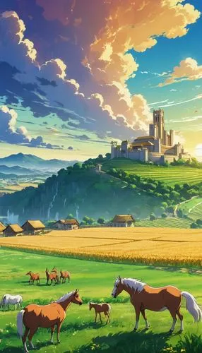 landscape background,ghibli,yoshikuni,violet evergarden,farm background,grassfields,rural landscape,hosoda,studio ghibli,miyazaki,plains,farm landscape,meadow landscape,windows wallpaper,vesperia,yazaki,countryside,beautiful wallpaper,fantasy landscape,sylvania,Illustration,Japanese style,Japanese Style 03