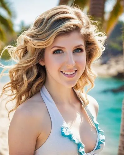 Anna Kendrick, Hollywood actress, 30s, beautiful smile, bright blue eyes, blonde hair, wavy beachy hairstyle, light makeup, natural look, white swimsuit, high-waisted, ruffled bottom, halter neck, gol