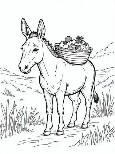 A donkey carrying baskets of vegetables with a farmer nearby.transparent background ,black line ,a donkey in the grass with a basket full of fruit on it,kambala,ox cart,two-handled sauceboat,water tro