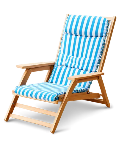 Beach chair, wooden frame, soft cushions, striped fabric, armrests, adjustable backrest, reclined position, sandy beach, seaside, calm ocean waves, blue sky, fluffy white clouds, morning sunlight, war