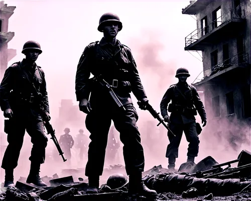 War scene, ruined cityscape, destroyed buildings, smoke in air, flames engulfing structures, soldiers in combat uniforms, helmets, rifles, serious facial expressions, sweat, dirt, bloodstains, camoufl