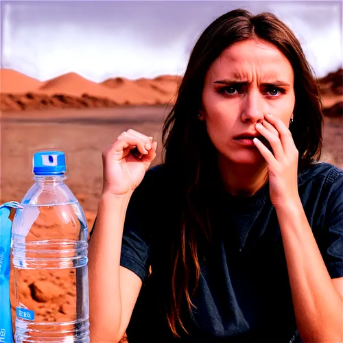 Dry cracked earth, empty water bottles, dusty barren landscape, worried female face, sweaty forehead, dry lips, messy brown hair, worn-out clothes, desperate expression, pleading eyes, dramatic lighti