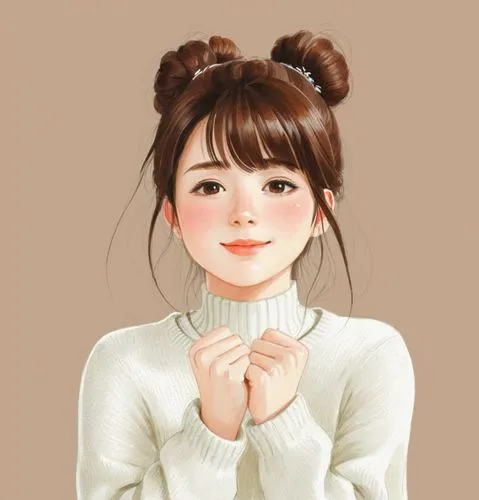 女生，白色毛衣，棕色头发，卡通，日本动漫，动漫，插画，扁平插画,a girl in white sweater and turtle neck,huayi,cute cartoon character,jiaying,maru,yunxiao,yobi,Illustration,Paper based,Paper Based 22