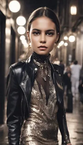 a model with large earrings in a golden dress,fashiontv,young model istanbul,roitfeld,proenza,ghesquiere,fashion street