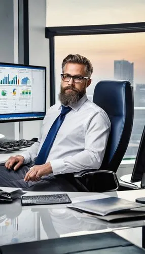 Data engineer, mature man, beard, glasses, formal wear, white shirt, dark blue tie, black trousers, leather shoes, sitting, ergonomic chair, desk, computer, multiple monitors, Excel software, bulk dat