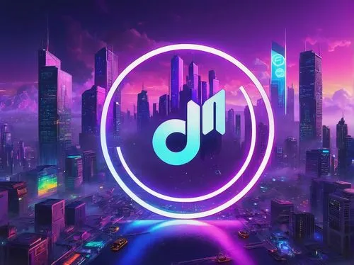 Discord logo, glowing purple circle, white game controller, dynamic vibrant colors, neon lights, futuristic cyberpunk background, cityscape at night, skyscrapers, holographic effects, 3D rendering, lo