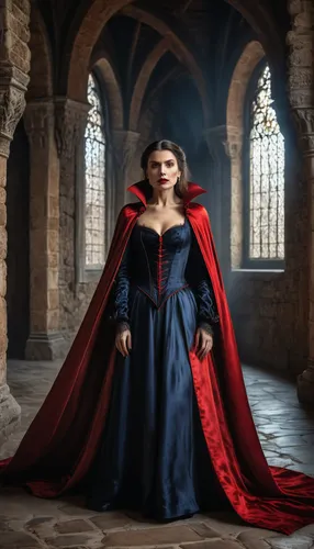 gothic portrait,vampire woman,imperial coat,red coat,red cape,caped,queen of hearts,girl in a historic way,cloak,ball gown,dracula,vampire lady,red gown,gothic woman,vestment,gothic fashion,red tunic,fairy tale character,fairytale characters,digital compositing,Photography,General,Natural