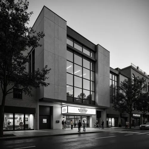 Monochromatic theater facade, minimalist architecture, clean lines, simple shapes, neutral color palette, subtle texture, industrial materials, steel beams, concrete walls, glass windows, sliding door