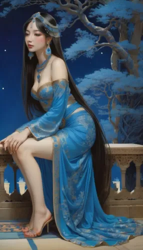 a painting of a lady sitting on a ledge in blue,amphitrite,delwyn,godward,blue enchantress,melusine,rem in arabian nights