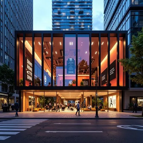 Modern fitness club, international style facade, dynamic LED lighting, bold color scheme, sleek metal frames, floor-to-ceiling glass walls, cantilevered rooflines, abstract geometric patterns, futuris