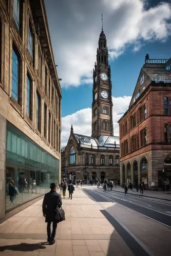 Sheffield cityscape, modern architecture, urban landscape, Millennium Gallery, stainless steel façade, glass roof, brutalist design, angular lines, concrete columns, vibrant street art, pedestrians wa