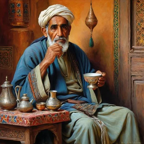 A beautifully detailed oil painting of an aged Arabic Moroccan man, capturing the essence of wisdom and tranquility. He is seated in a rustic, yet cozy, setting, sipping from a delicate cup of tea. Th