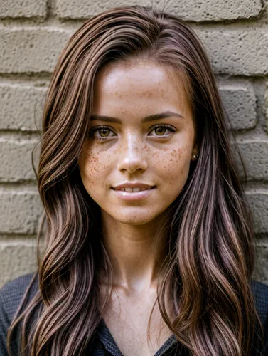 Fine pencil drawing: a woman with a strict hairstyle and freckles stands in front of a brick wall,the lady's hair looks to be freckled in waves,hamulack,louvrier,sonnleitner,luddington,portrait backgr