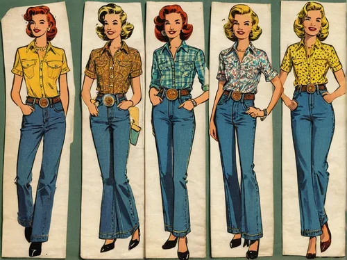 jeans pattern,vintage paper doll,sewing pattern girls,retro paper doll,retro women,retro 1950's clip art,vintage fashion,women's clothing,high waist jeans,vintage women,women clothes,ladies clothes,50's style,vintage clothing,model years 1960-63,carpenter jeans,denim shapes,pin ups,bluejeans,denim labels,Illustration,Children,Children 02