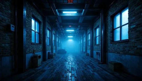 alleyway,alley,corridors,alleyways,penumbra,blind alley,empty factory,cold room,3d render,hallway,passage,obscura,warehouse,oscura,industrial hall,industrial,creepy doorway,corridor,rescue alley,blue light