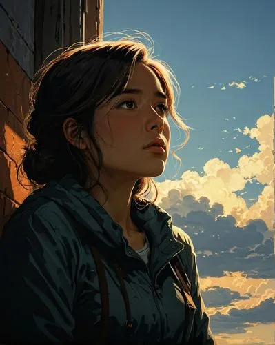 katniss,croft,clementine,cg artwork,digital painting,little girl in wind,sci fiction illustration,girl portrait,the evening light,mystical portrait of a girl,worried girl,golden light,world digital painting,looking up,wanderer,fantasy portrait,nora,sky,thoughtful,joan of arc