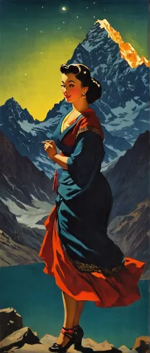 travel poster,kyrgyzstan som,zermatt,bhutan,kyrgyzstan,mongolia,watzmannfrau,1940 women,tibetan,the spirit of the mountains,tatra,ladakh,italian poster,soviet union,valais,himalaya,beta-himachalen,nepal,vintage illustration,karakoram,Illustration,Retro,Retro 10