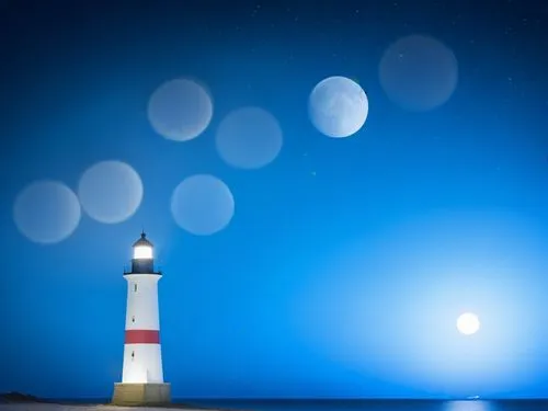 lune sur plage sombre avec un phare,a long exposure po of the moon behind a lighthouse,electric lighthouse,lighthouses,lighthouse,moon and star background,light house,lightkeepers