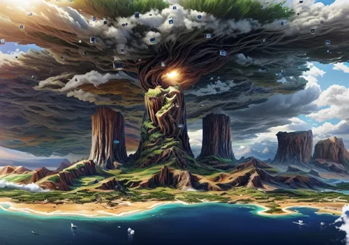 tree of life,magic tree,mother earth,celtic tree,dragon tree,sacred fig,mushroom island,the japanese tree,colorful tree of life,nature's wrath,flourishing tree,mother nature,floating island,the earth,world digital painting,fantasy picture,fig tree,bodhi tree,mushroom landscape,gaia