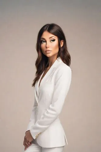 photography-documentary photography 08, portrait, beautiful female, brown hair, brown eyes, nice smile, wearing a fit and flattering white suit, minimalistic, studio background, 2:3,angham,elissa,aliy