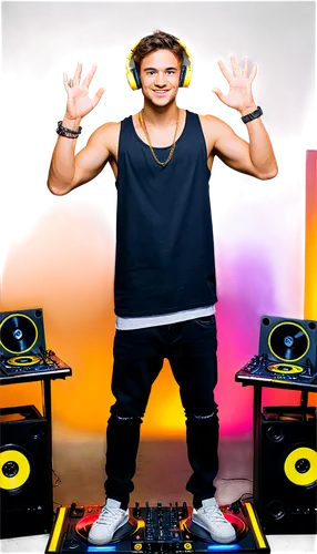 DJ, young male, headphones, gold chain, white tank top, black denim jeans, sneakers, mixing console, vinyl records, neon lights, futuristic background, dynamic pose, hands raised, energetic facial exp