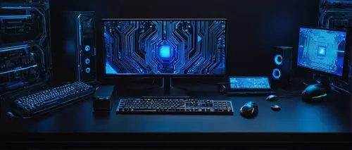 Modern digital design, futuristic computer architecture, sleek metal casing, intricate circuit boards, glowing blue LED lights, futuristic motherboard, high-performance CPU, advanced GPU, vibrant wire