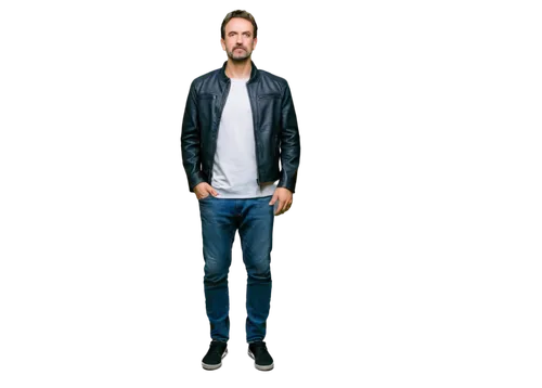 Middle-aged man, casual pose, messy short hair, stubble beard, black leather jacket, white crew-neck T-shirt, dark blue ripped jeans, black sneakers, one hand in pocket, standing with legs apart, city