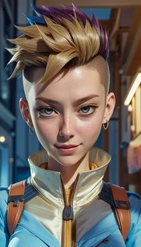 anime, bright and saturated colors, smile, mohawk haircut, shave sides head, ,real anime blonde face reference,tracer,eikichi,lyoko,gaige,tenkrat,colyandro,Unique,3D,3D Character