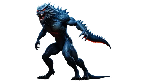 Monster, loud roar, sharp teeth, glowing red eyes, scaly skin, muscular body, sharp claws, standing on hind legs, threatening pose, dark background, dramatic lighting, cinematic composition, 3D render