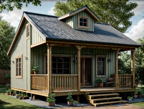 A charming color photo transports us to a picturesque vacation home that exudes warmth and tranquility. The single-story wooden house, spanning 500 square feet, reflects a cozy and modern farmhouse st